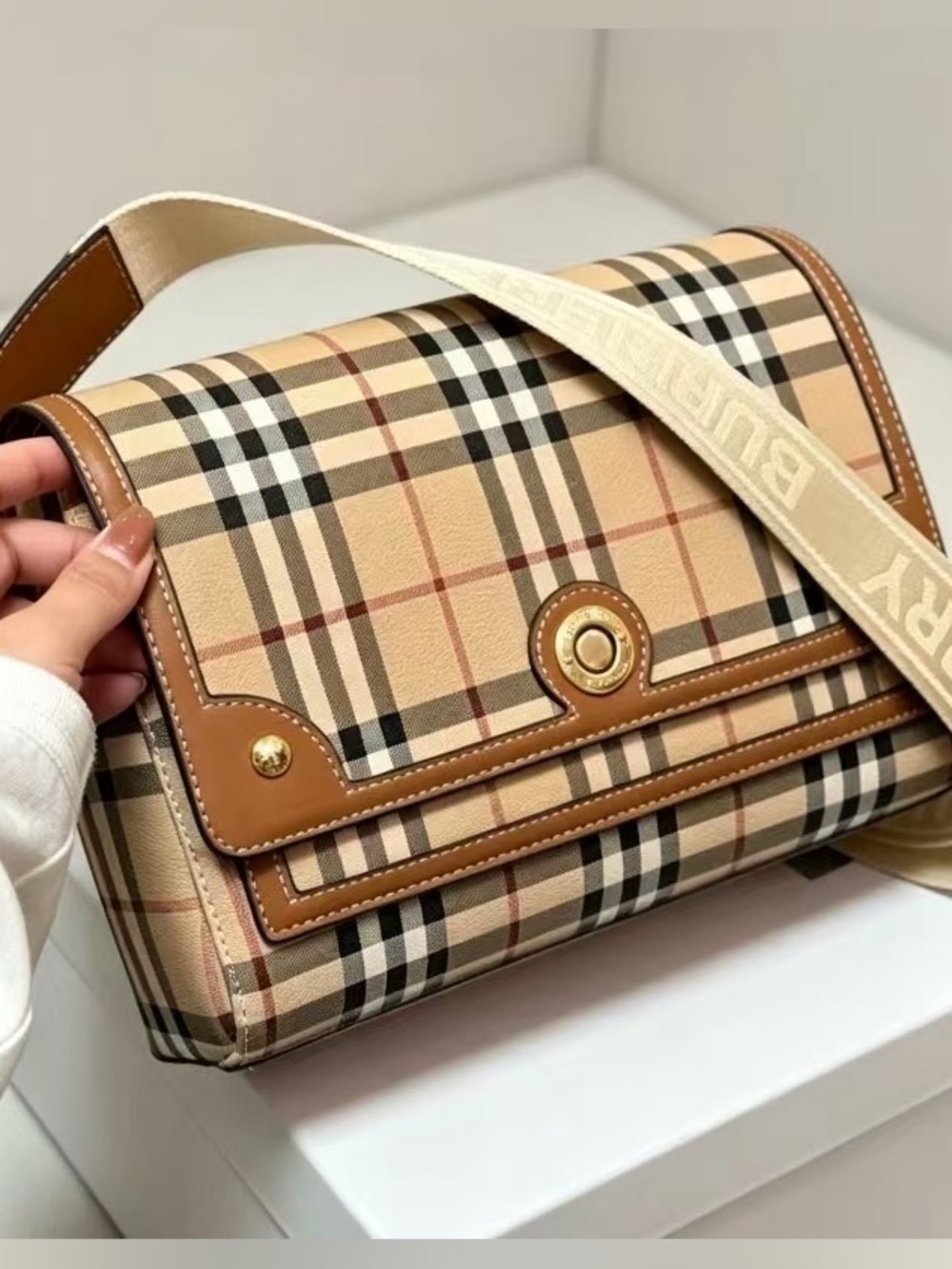 Burberryy Vintage Campus Satchel Check Canvas Shoulder Bag with Logo Strap